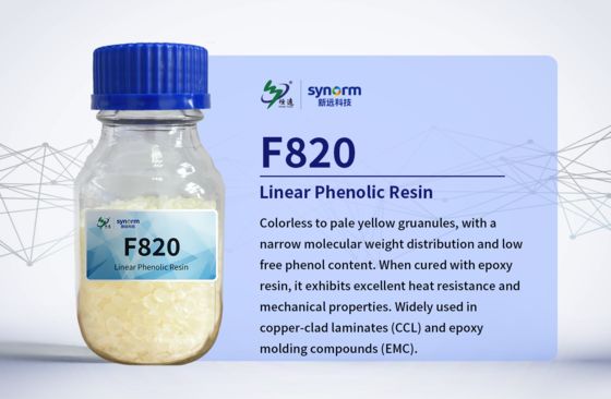 F820 Doğrusal Fenol reçine (Novolac), renksizden soluk sarıya kadar granüler, dar moleküler ağırlık dağılımı ve serbest fenol ve iyonik kirliliklerin çok düşük seviyeleri